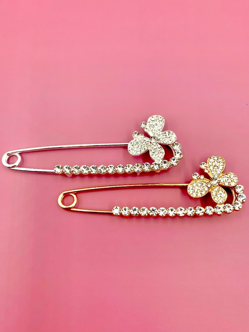 Sparkly Clear Rhinestone Butterfly Safety Pin Brooch Pin Silver Gold tones Y2K